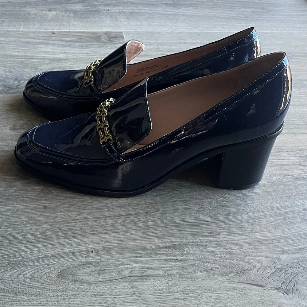 Tory Burch Navy Gemini Link Patent Mid Heel Loafers